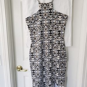 Black & Beige abstract print Spaghetti strap Midi Dress